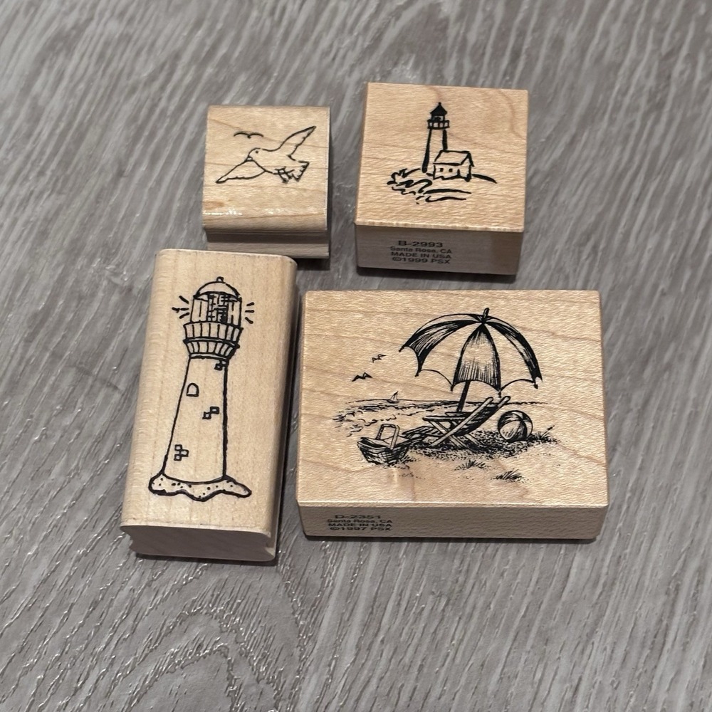 On the Beach Rubber Stamp Lot Of 4 Pieces‎ Lighthouse Waves Birds Sun Beach